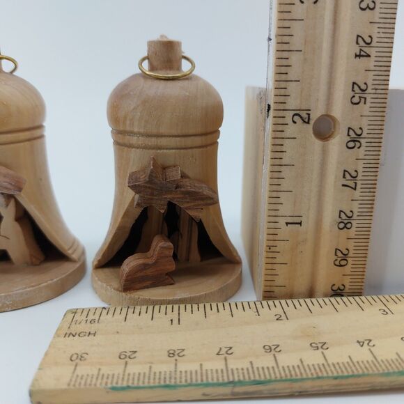 Olive wood Holy Land Carved Bell Nativity Bethlehem Israel Christmas Set of 2 - Picture 10 of 10